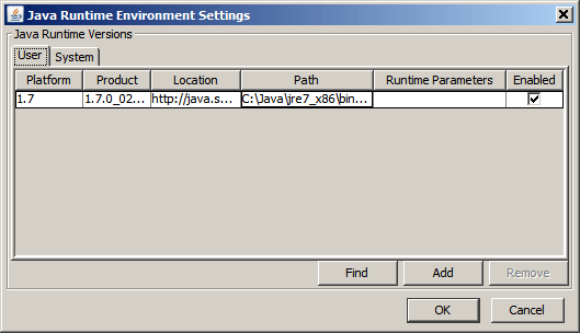 「Java Runtime Environment設定」ダイアログ