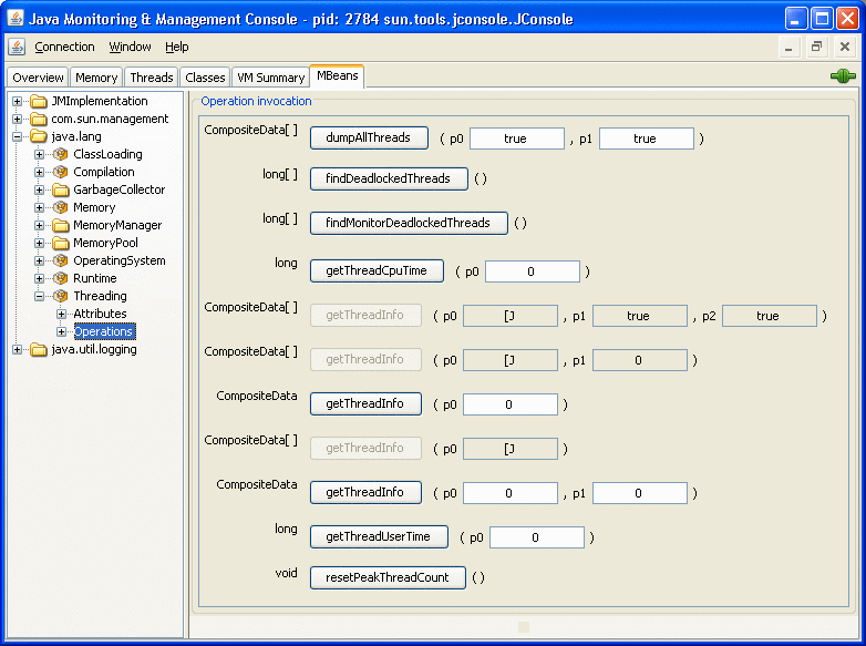 Threading プラットフォーム MXBean の操作の表示。