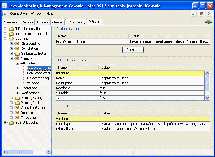 「MBean」タブによる MBean 属性の表示。