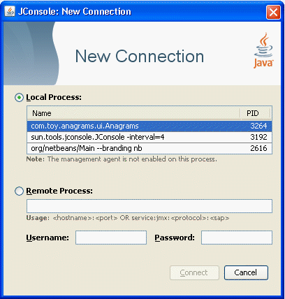 管理エージェントを有効にせずに試行するローカルプロセスへの接続。JConsole はこのアプリケーションに接続できない。