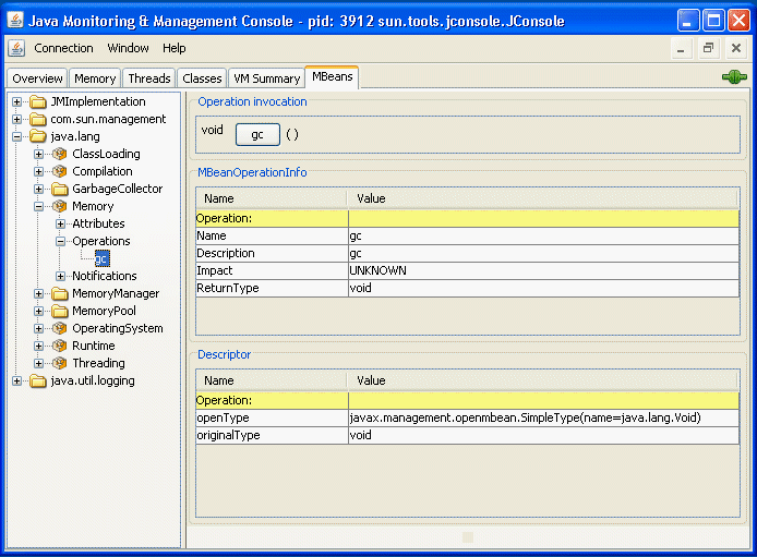 MBean の操作の呼び出し。