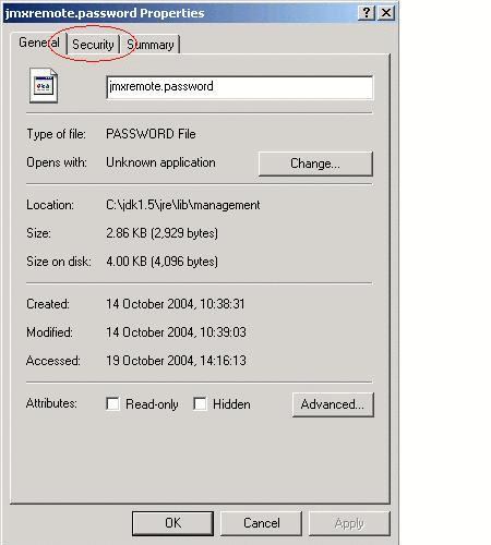 jmxremote.password ファイルのセキュリティープロパティー表示