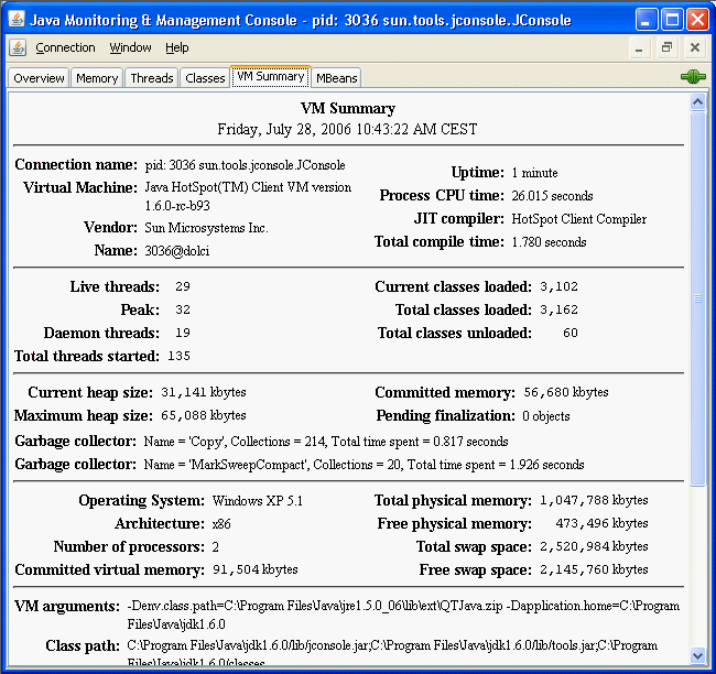 JConsole の「VM の概要」タブ。