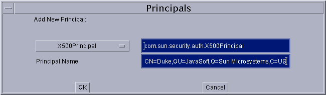 X500Principal を追加するための「プリンシパル」ダイアログ