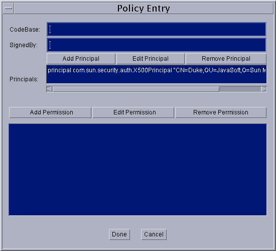 X500Principal が表示された「ポリシーエントリ」ダイアログ