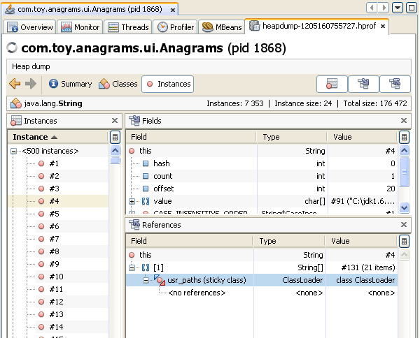 ヒープダンプの「Instances」ビューのスクリーンショット