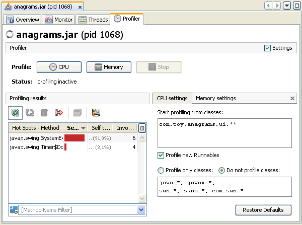 CPU プロファイリングが表示された「Profiler」タブのスクリーンショット